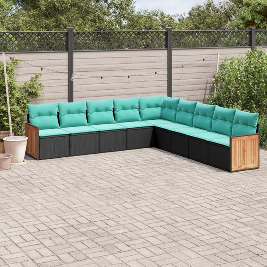 9-teiliges Gartensofa-Set mit Kissen, schwarzes Polyrattan