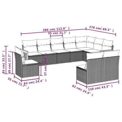 10-tlg. Garten-Sofagarnitur mit Kissen Schwarz Poly Rattan