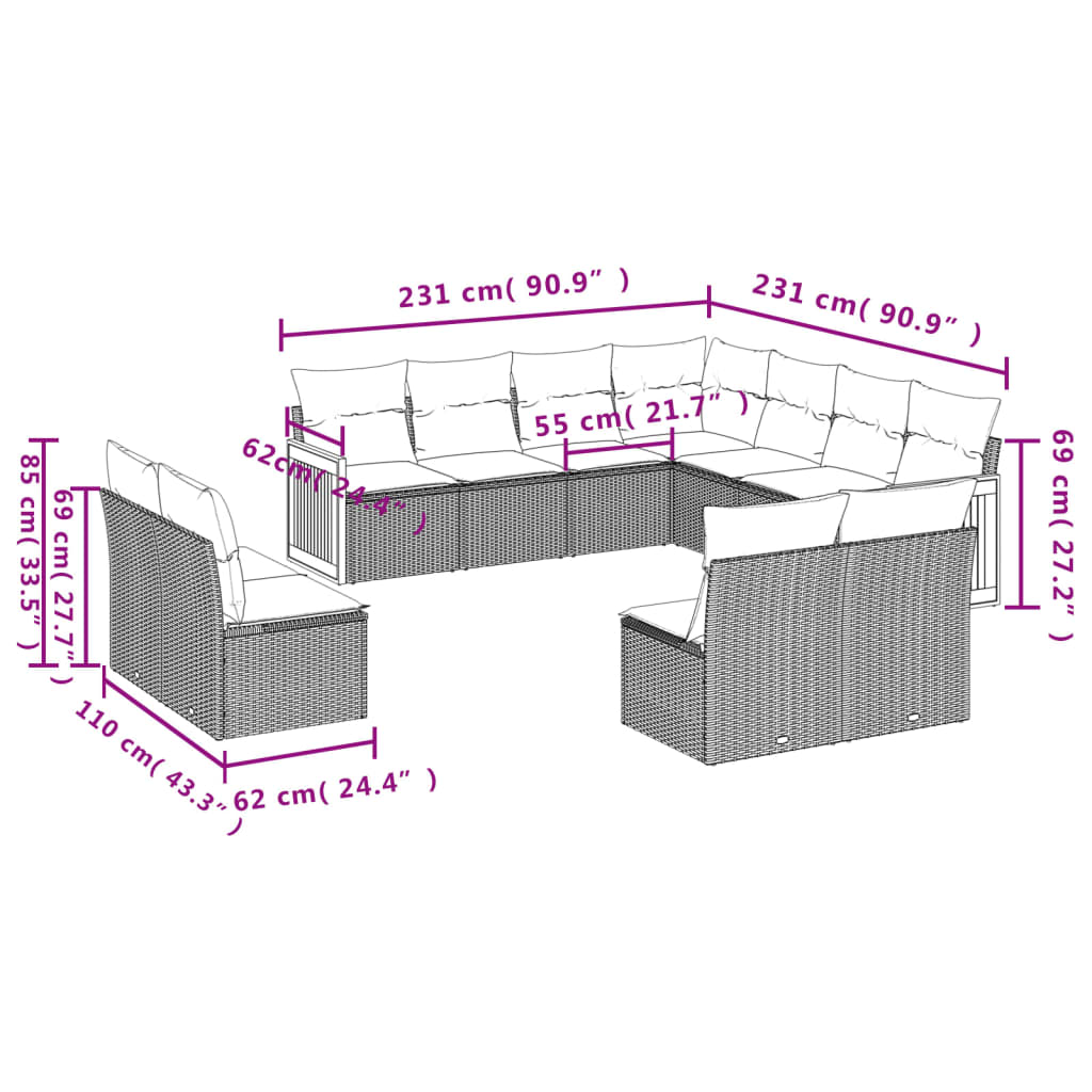 11-teiliges Gartensofa-Set mit Kissen, grau, Polyrattan