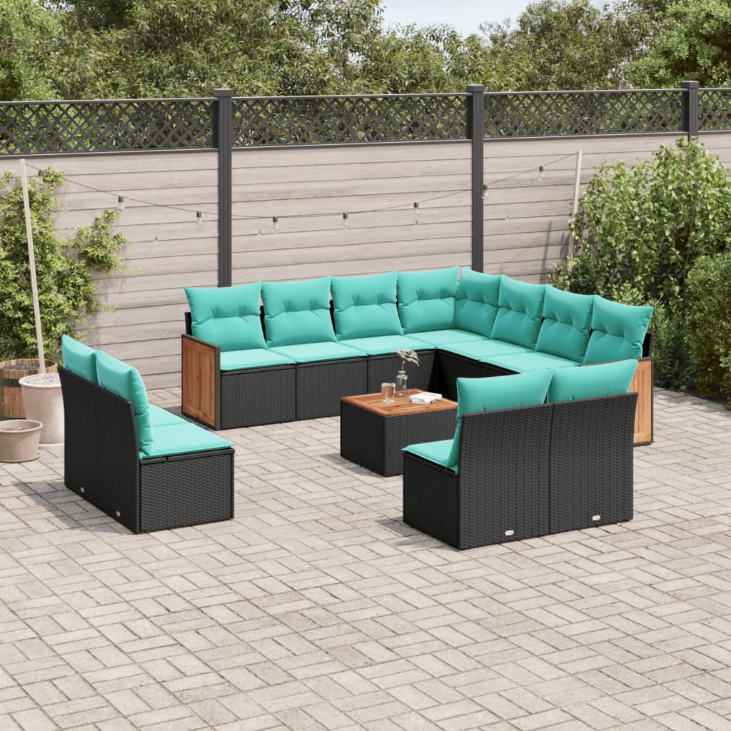 12-teiliges Gartensofa-Set mit Kissen, schwarzes Polyrattan