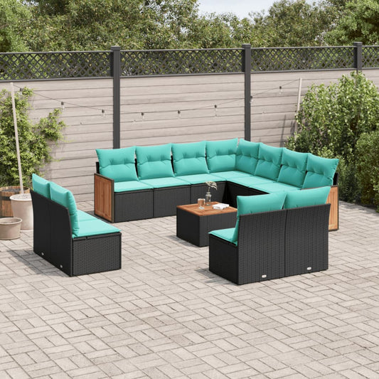 12-teiliges Gartensofa-Set mit Kissen, schwarzes Polyrattan