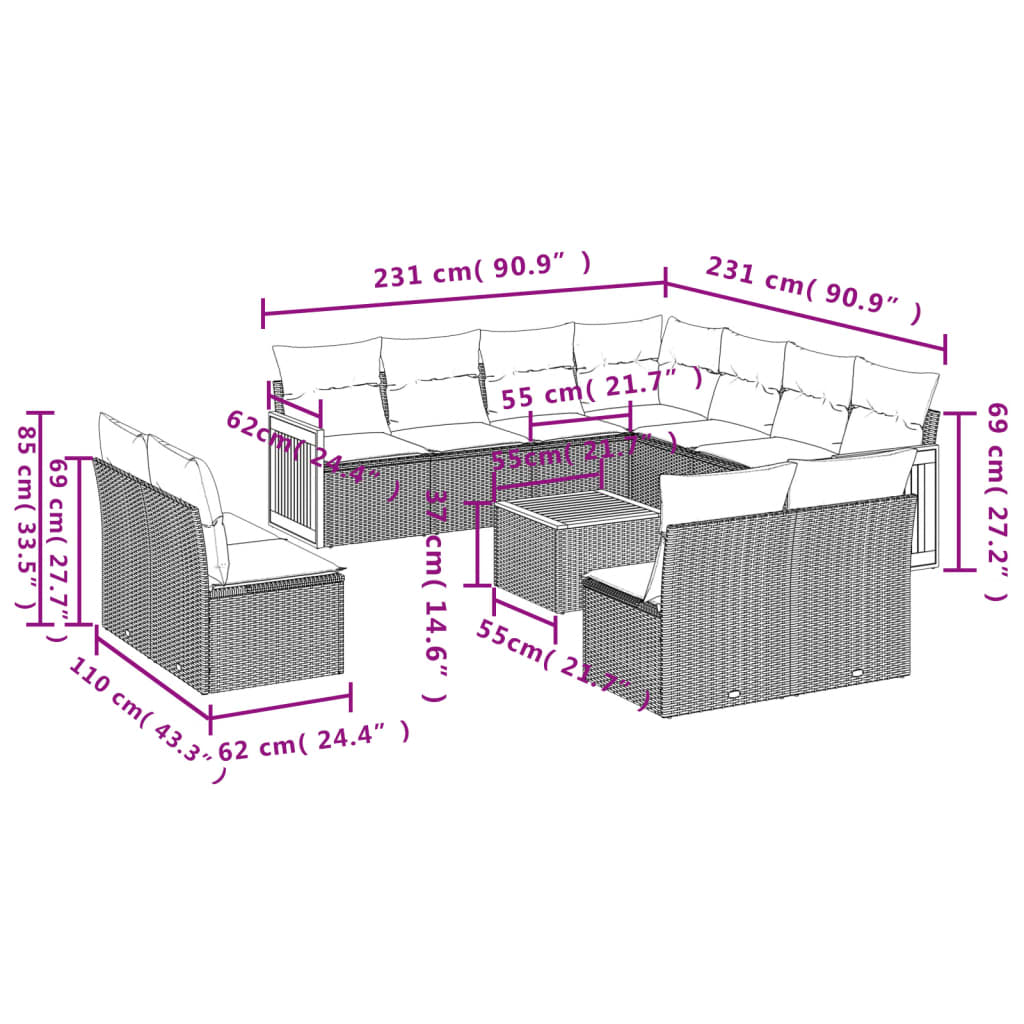 12-teiliges Gartensofa-Set mit Kissen, grau, Polyrattan