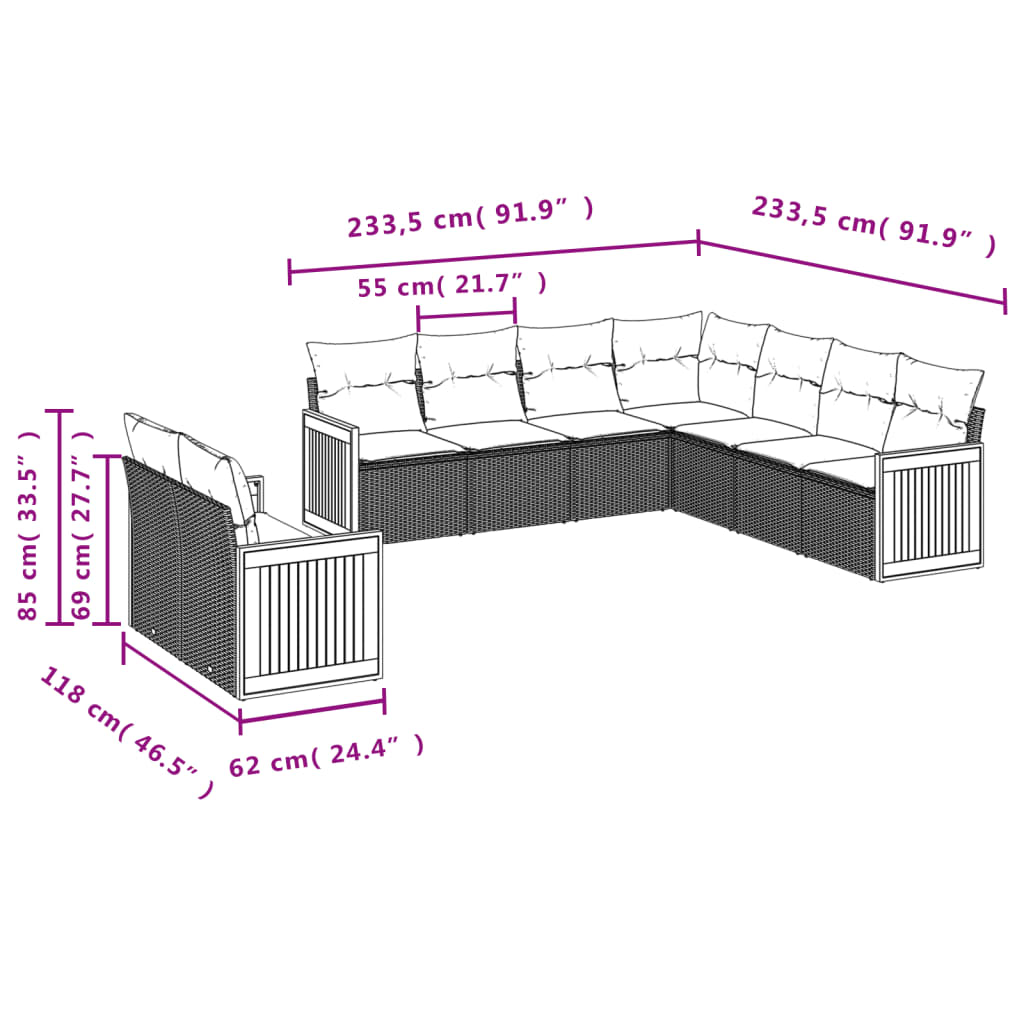 9-teiliges Gartensofa-Set mit Kissen, schwarzes Polyrattan