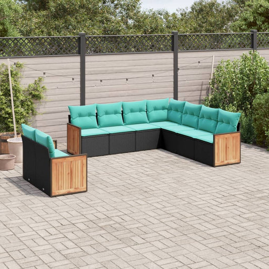 9-teiliges Gartensofa-Set mit Kissen, schwarzes Polyrattan