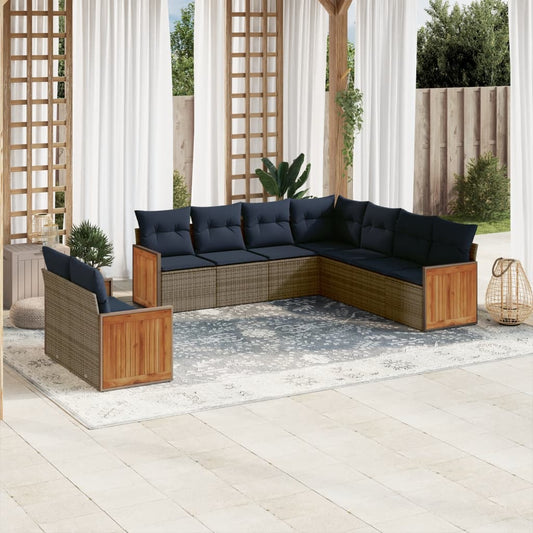 9-teiliges Gartensofa-Set mit Kissen, grau, Polyrattan