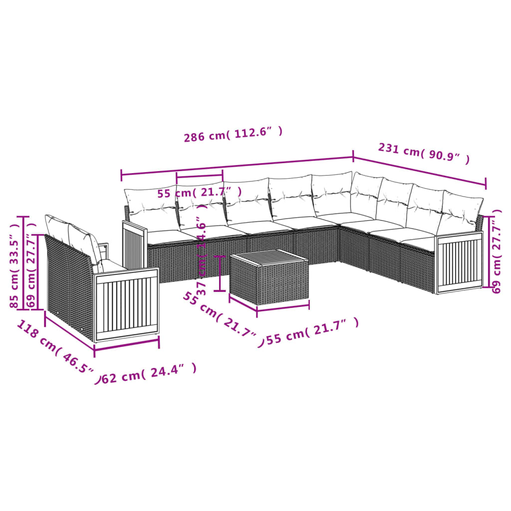 11-teiliges Gartensofa-Set mit Kissen, grau, Polyrattan