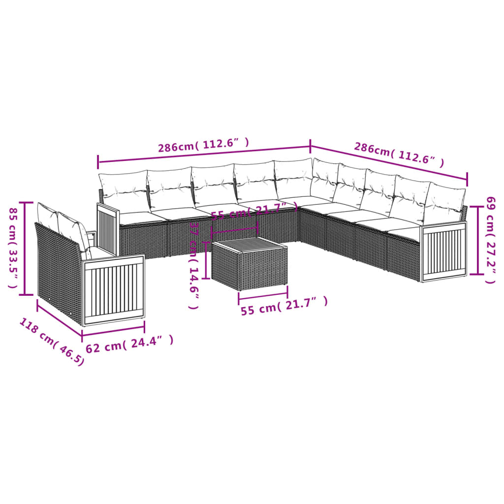 12-teiliges Gartensofa-Set mit Kissen, grau, Polyrattan