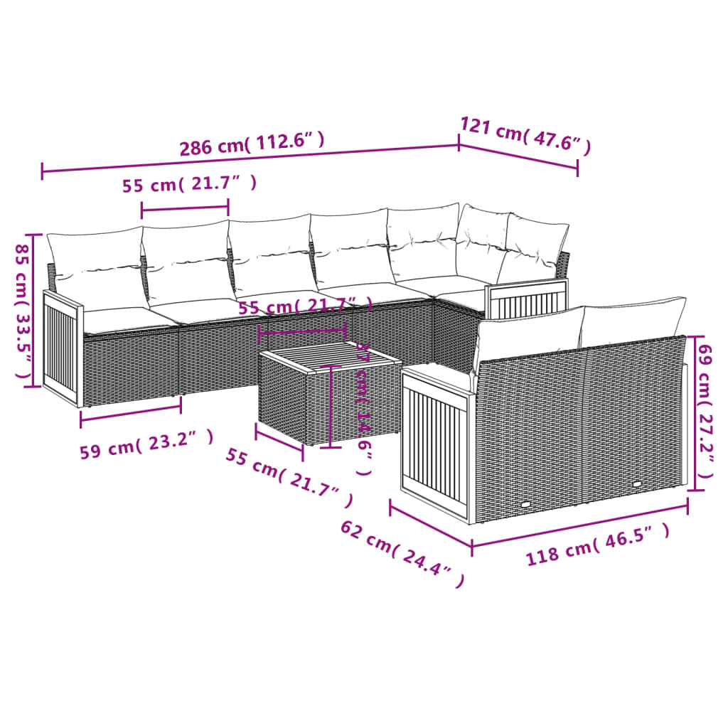 9-teiliges Gartensofa-Set mit Kissen, schwarzes Polyrattan