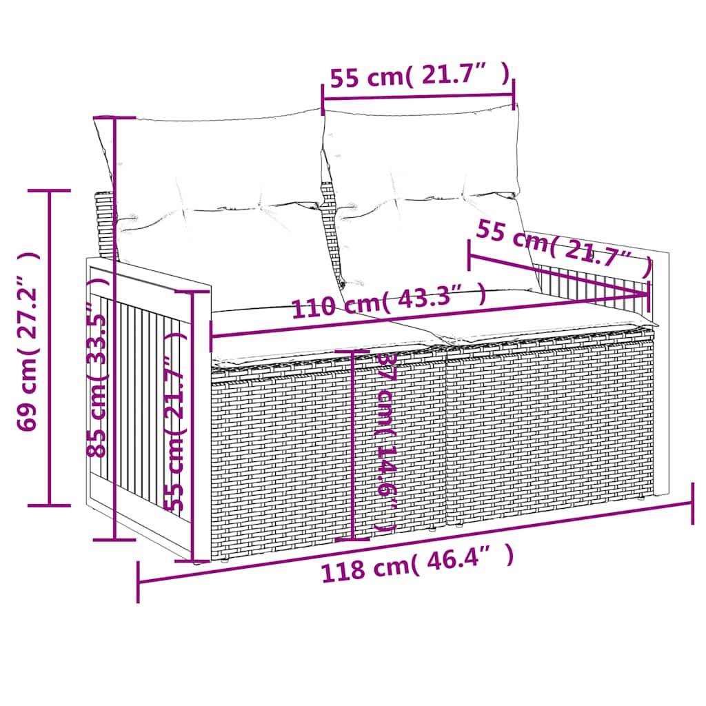 9-teiliges Gartensofa-Set mit Kissen, schwarzes Polyrattan
