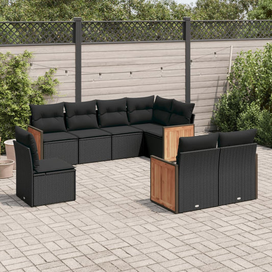 Ensemble de canapés de jardin 8 pièces avec coussins, en polyrotin noir