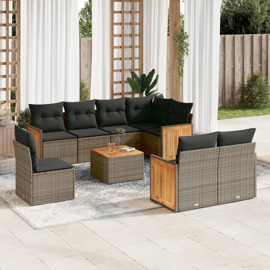 9-teiliges Gartensofa-Set mit Kissen, grau, Polyrattan