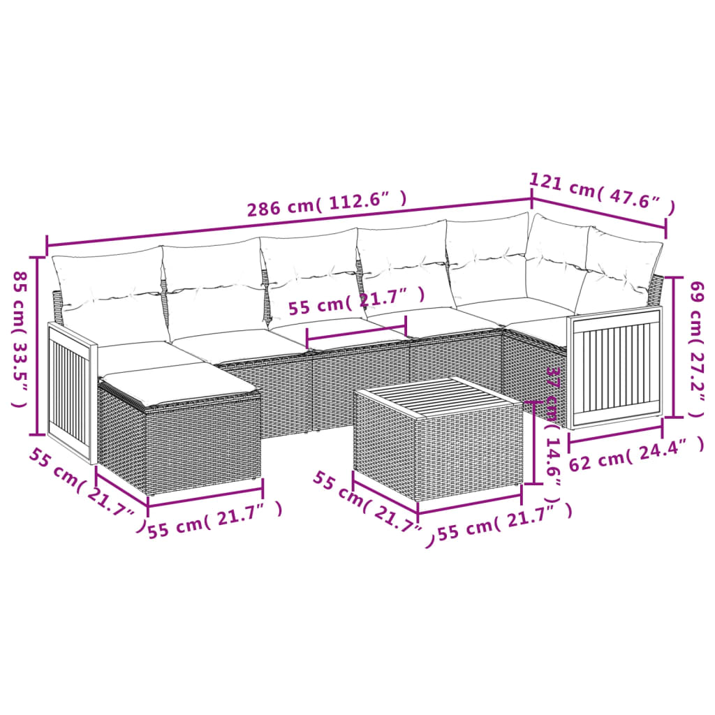 8-teiliges Gartensofa-Set mit Kissen, schwarzes Polyrattan