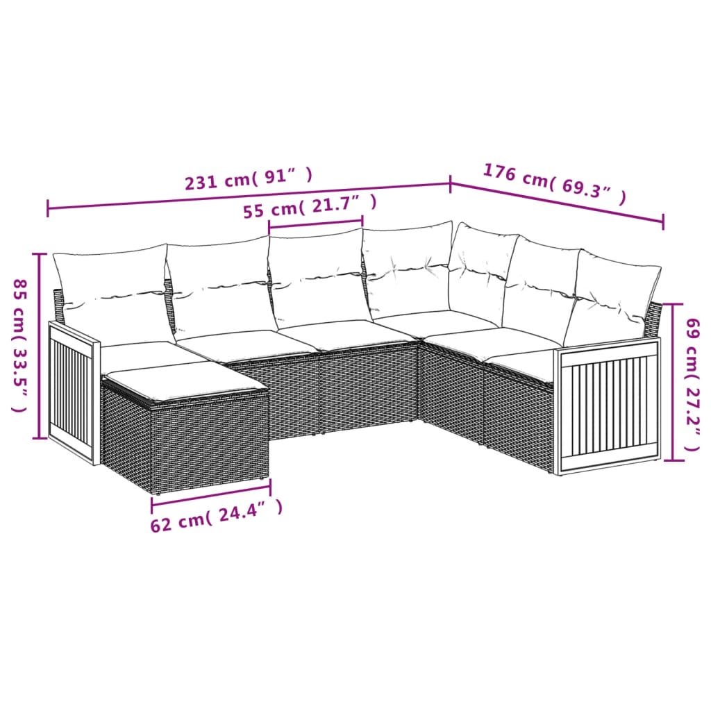 7-teiliges Gartensofa-Set mit Kissen, grau, Polyrattan