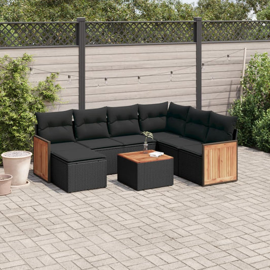 Ensemble de canapés de jardin 8 pièces avec coussins, en polyrotin noir