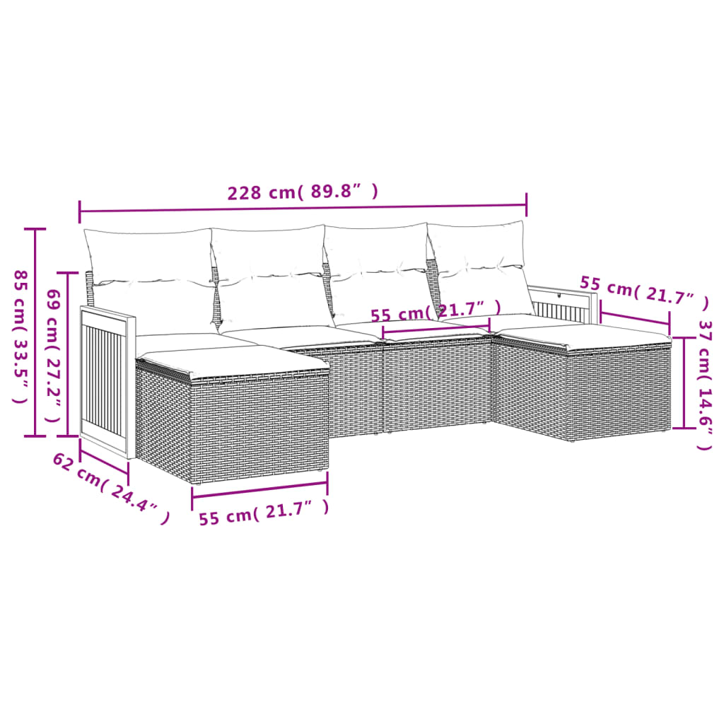 6-teiliges Gartensofa-Set mit Kissen, grau, Polyrattan