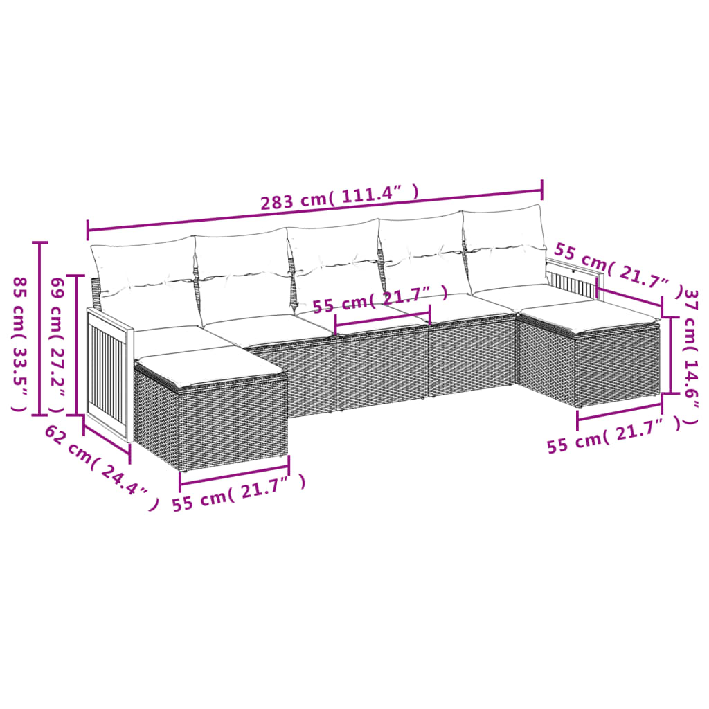 7-tlg. Garten-Sofagarnitur mit Kissen Schwarz Poly Rattan