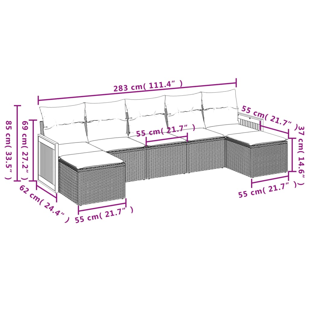 7-teiliges Gartensofa-Set mit Kissen, schwarzes Polyrattan