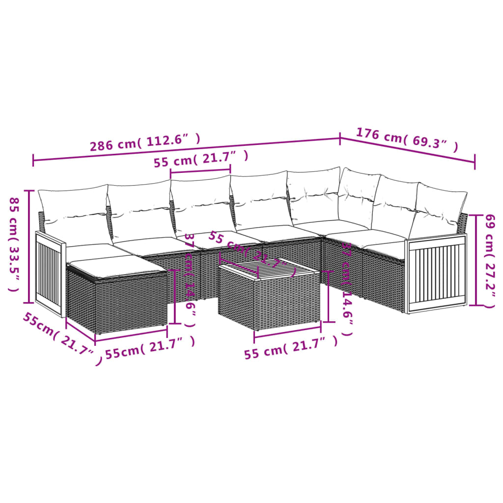 9-teiliges Gartensofa-Set mit Kissen, grau, Polyrattan