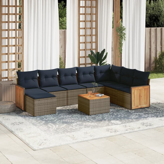 9-teiliges Gartensofa-Set mit Kissen, grau, Polyrattan