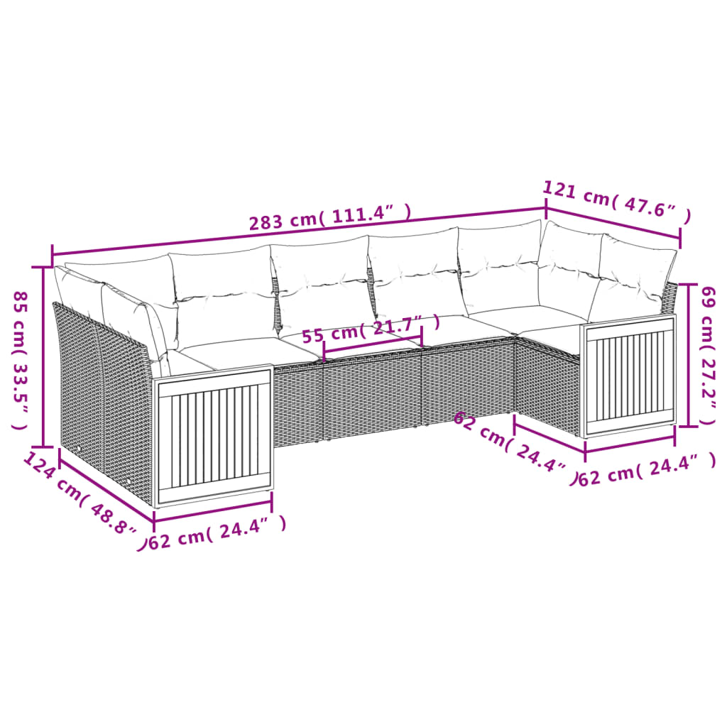 7-teiliges Gartensofa-Set mit Kissen, schwarzes Polyrattan