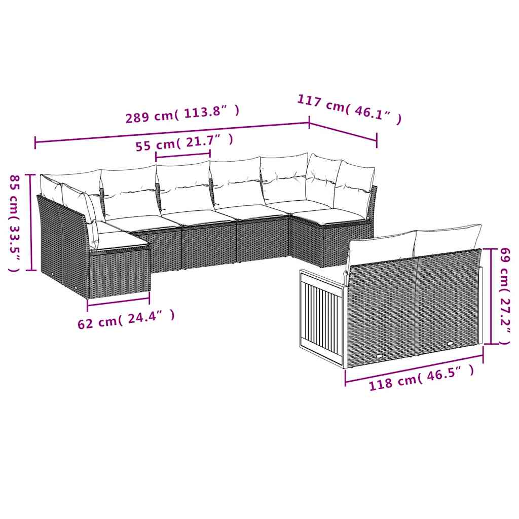 9-tlg. Garten-Sofagarnitur mit Kissen Schwarz Poly Rattan