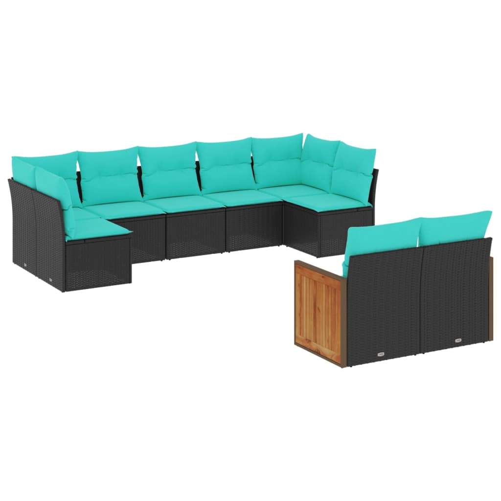 9-teiliges Gartensofa-Set mit Kissen, schwarzes Polyrattan