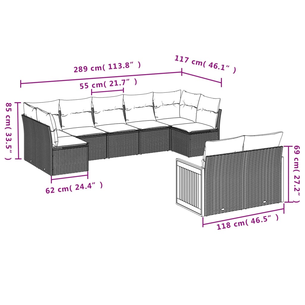 9-teiliges Gartensofa-Set mit Kissen, schwarzes Polyrattan