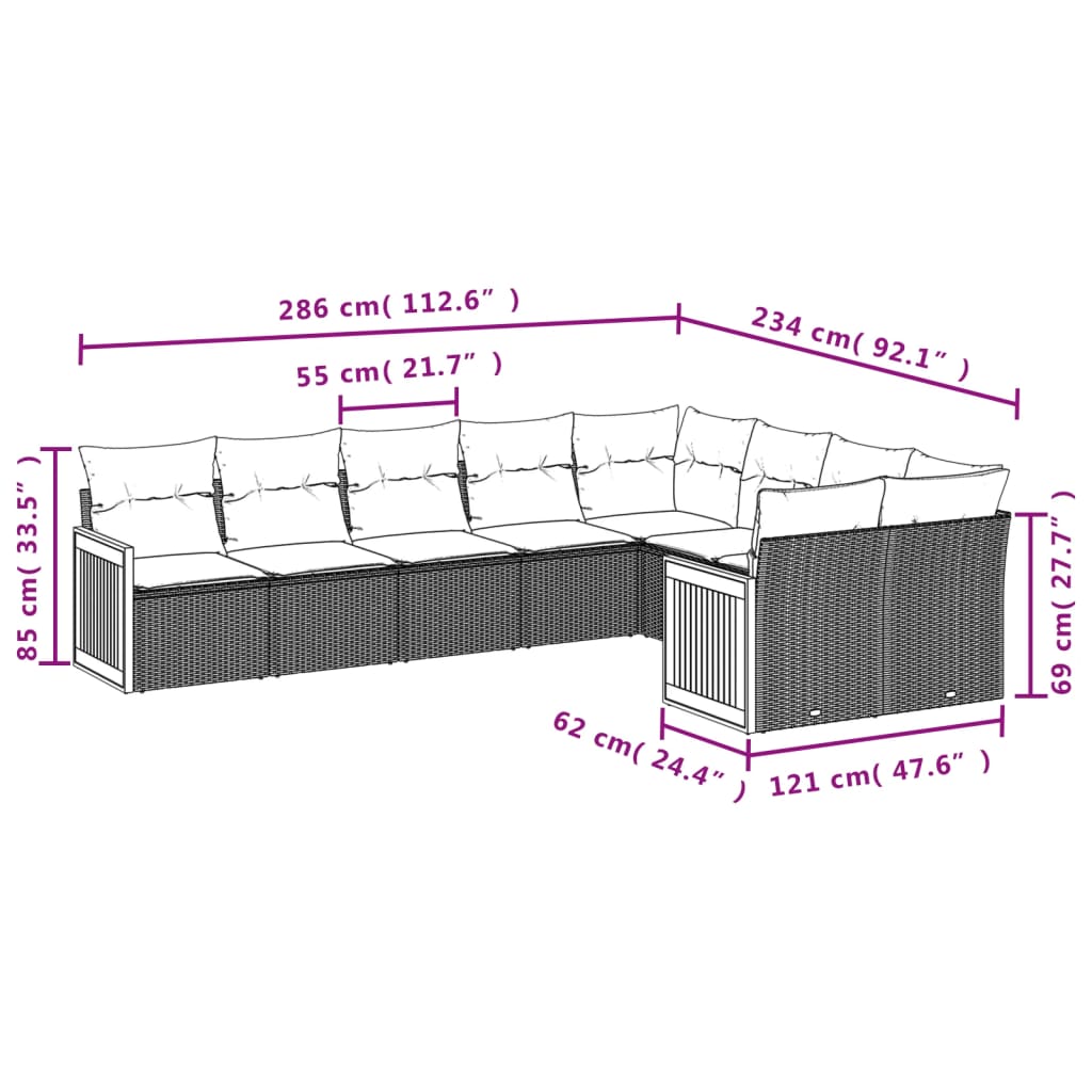 9-teiliges Gartensofa-Set mit Kissen, grau, Polyrattan