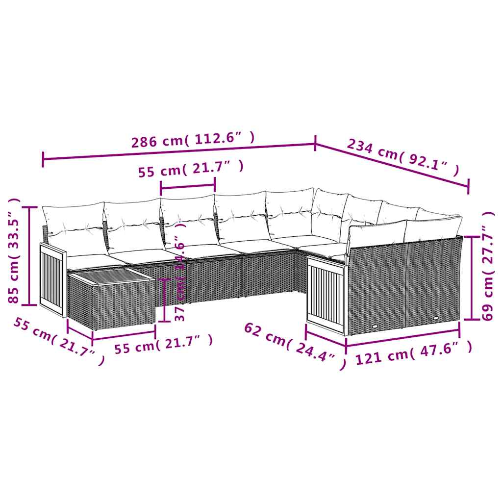 10-teiliges Gartensofa-Set mit Kissen, grau, Polyrattan