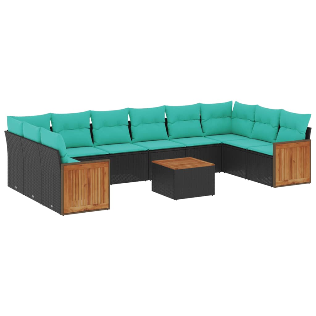 11-teiliges Gartensofa-Set mit Kissen, schwarzes Polyrattan