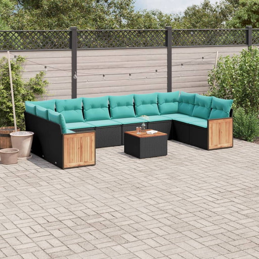 11-teiliges Gartensofa-Set mit Kissen, schwarzes Polyrattan