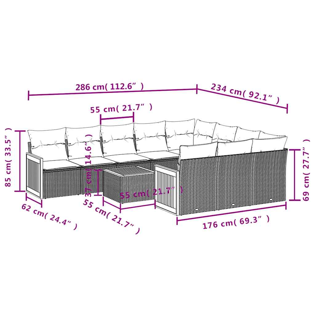 11-tlg. Garten-Sofagarnitur mit Kissen Schwarz Poly Rattan