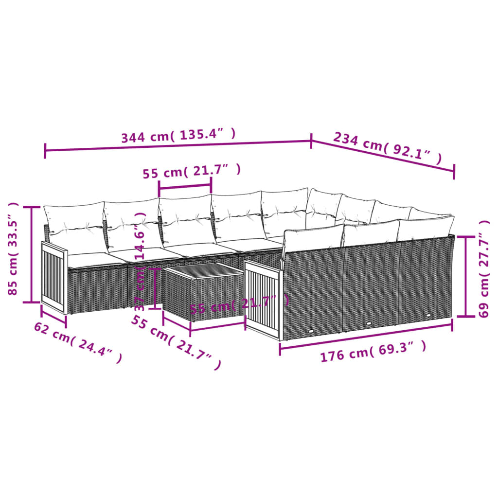 11-teiliges Gartensofa-Set mit Kissen, schwarzes Polyrattan