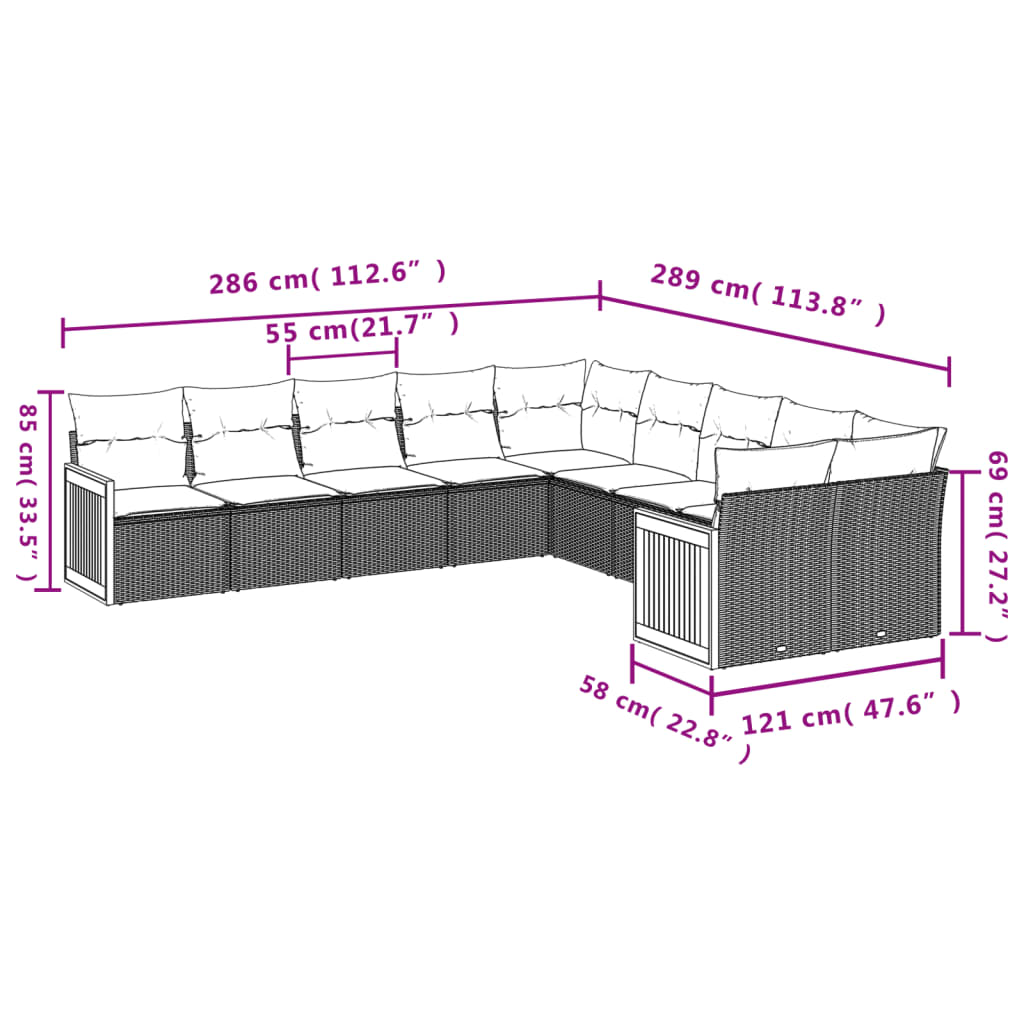 10-teiliges Gartensofa-Set mit Kissen, grau, Polyrattan