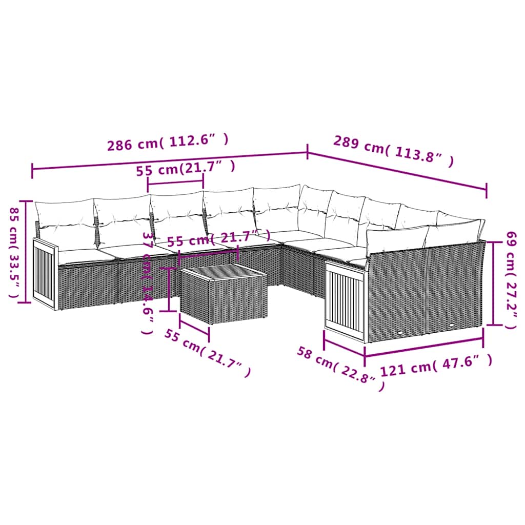 11-tlg. Garten-Sofagarnitur mit Kissen Schwarz Poly Rattan