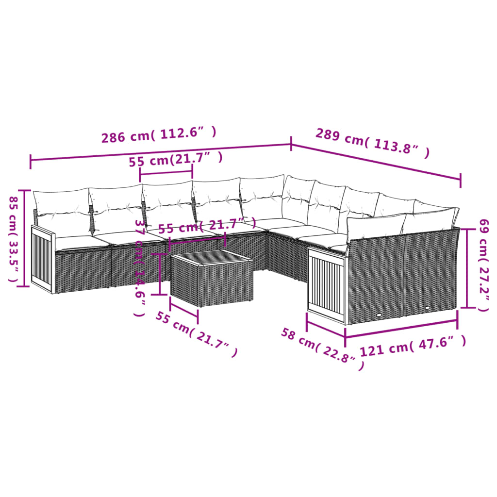 11-teiliges Gartensofa-Set mit Kissen, schwarzes Polyrattan