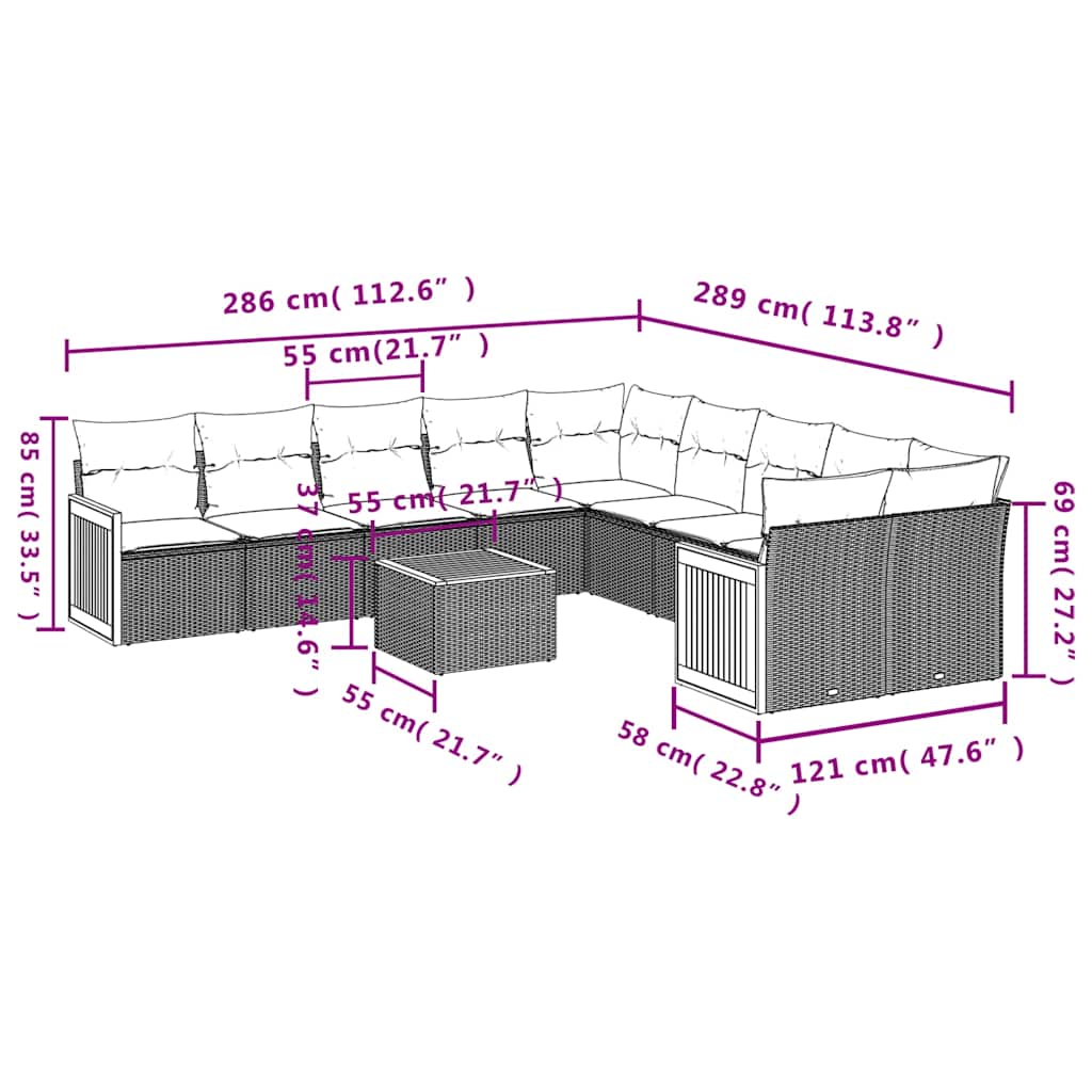 11-teiliges Gartensofa-Set mit Kissen, grau, Polyrattan