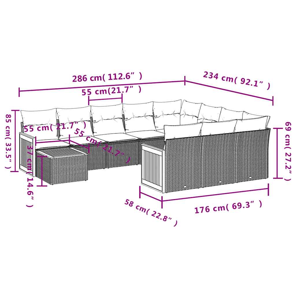 11-tlg. Garten-Sofagarnitur mit Kissen Schwarz Poly Rattan