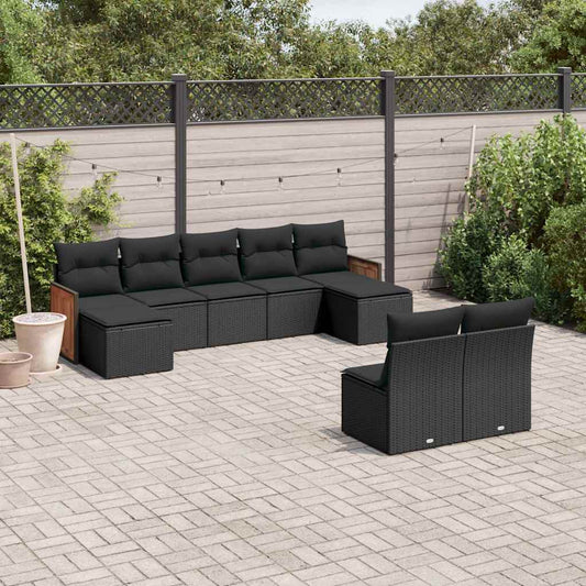 9-tlg. Garten-Sofagarnitur mit Kissen Schwarz Poly Rattan