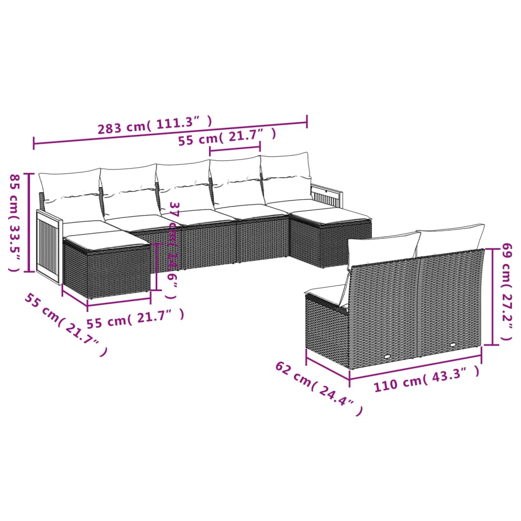 9-teiliges Gartensofa-Set mit Kissen, schwarzes Polyrattan