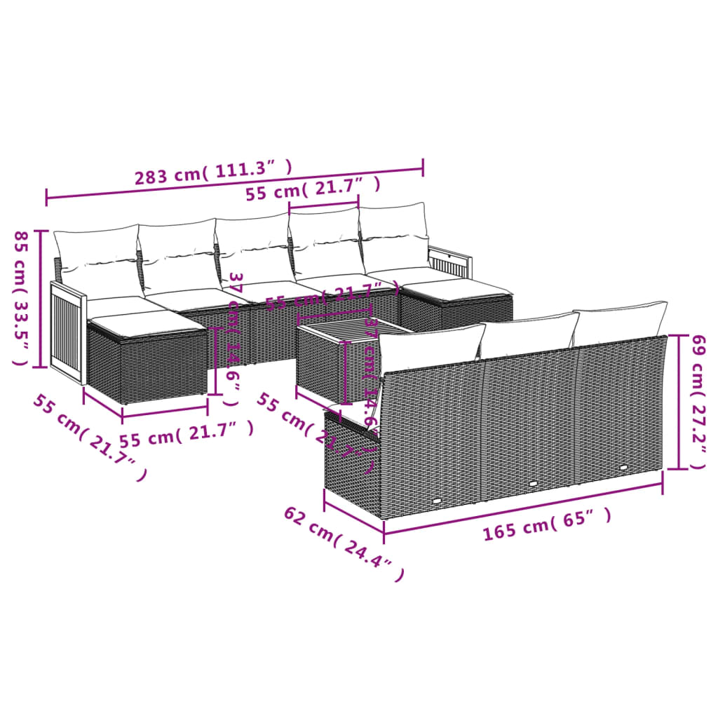 11-teiliges Gartensofa-Set mit Kissen, schwarzes Polyrattan