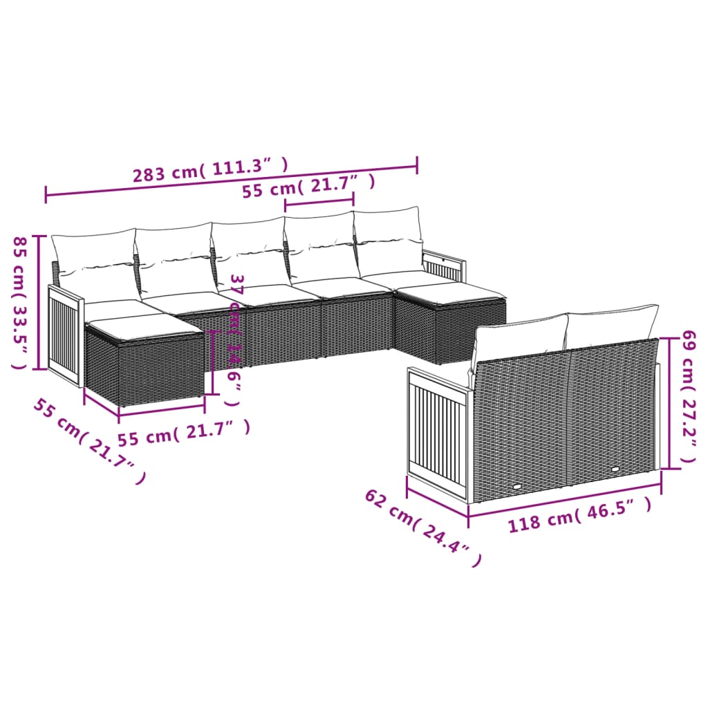 9-teiliges Gartensofa-Set mit Kissen, grau, Polyrattan