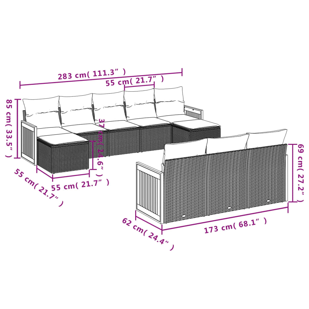10-teiliges Gartensofa-Set mit Kissen, grau, Polyrattan