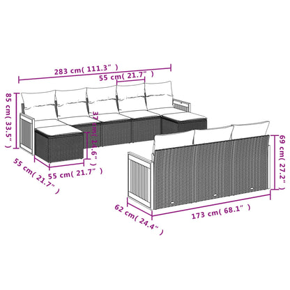 10-teiliges Gartensofa-Set mit Kissen, grau, Polyrattan