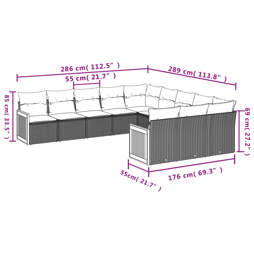 11-teiliges Gartensofa-Set mit Kissen, grau, Polyrattan