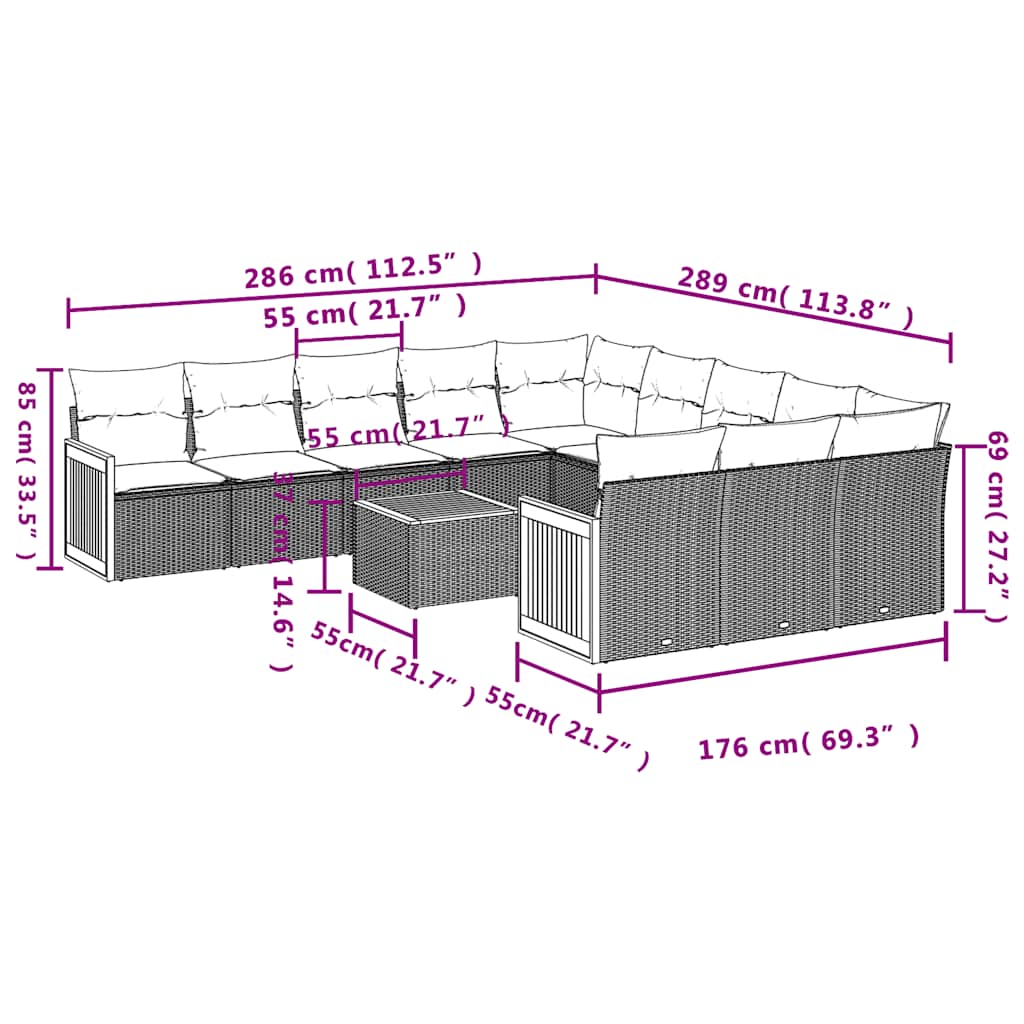 12-tlg. Garten-Sofagarnitur mit Kissen Schwarz Poly Rattan