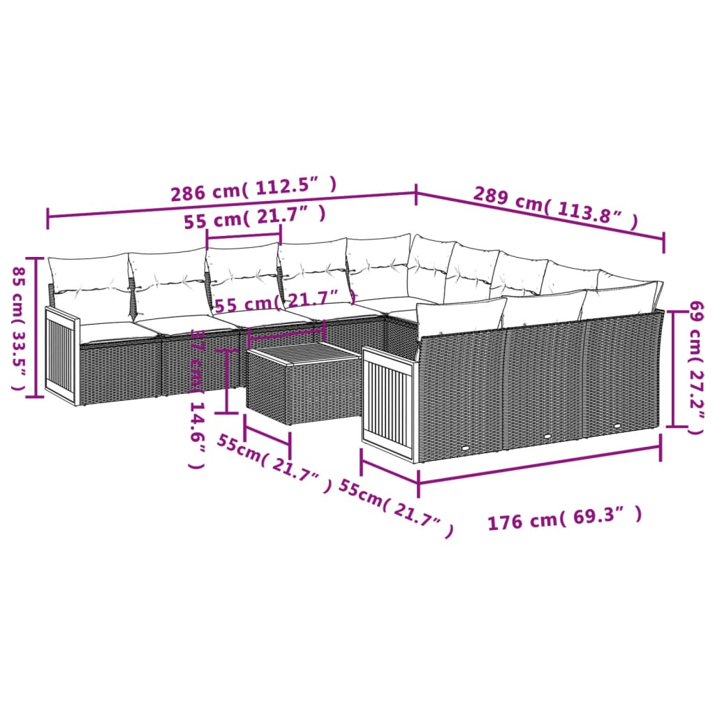 12-teiliges Gartensofa-Set mit Kissen, schwarzes Polyrattan