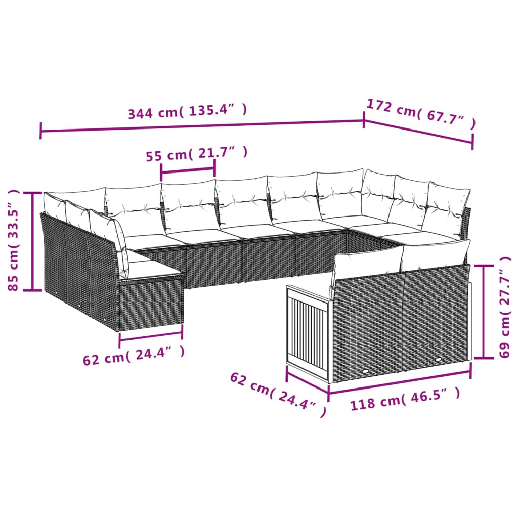 12-teiliges Gartensofa-Set mit Kissen, grau, Polyrattan