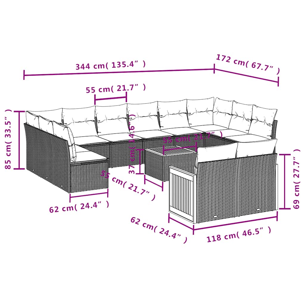 12-tlg. Garten-Sofagarnitur mit Kissen Schwarz Poly Rattan