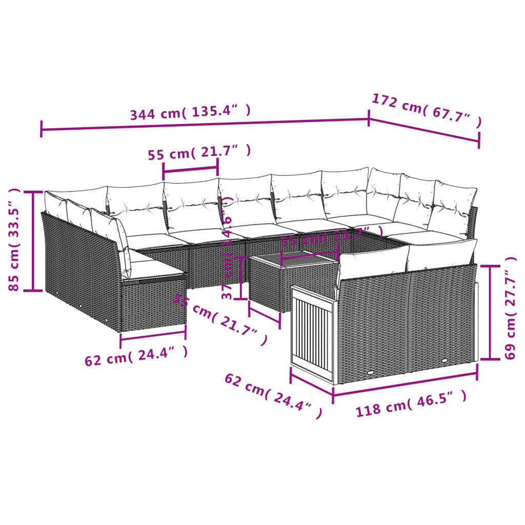 12-teiliges Gartensofa-Set mit Kissen, grau, Polyrattan